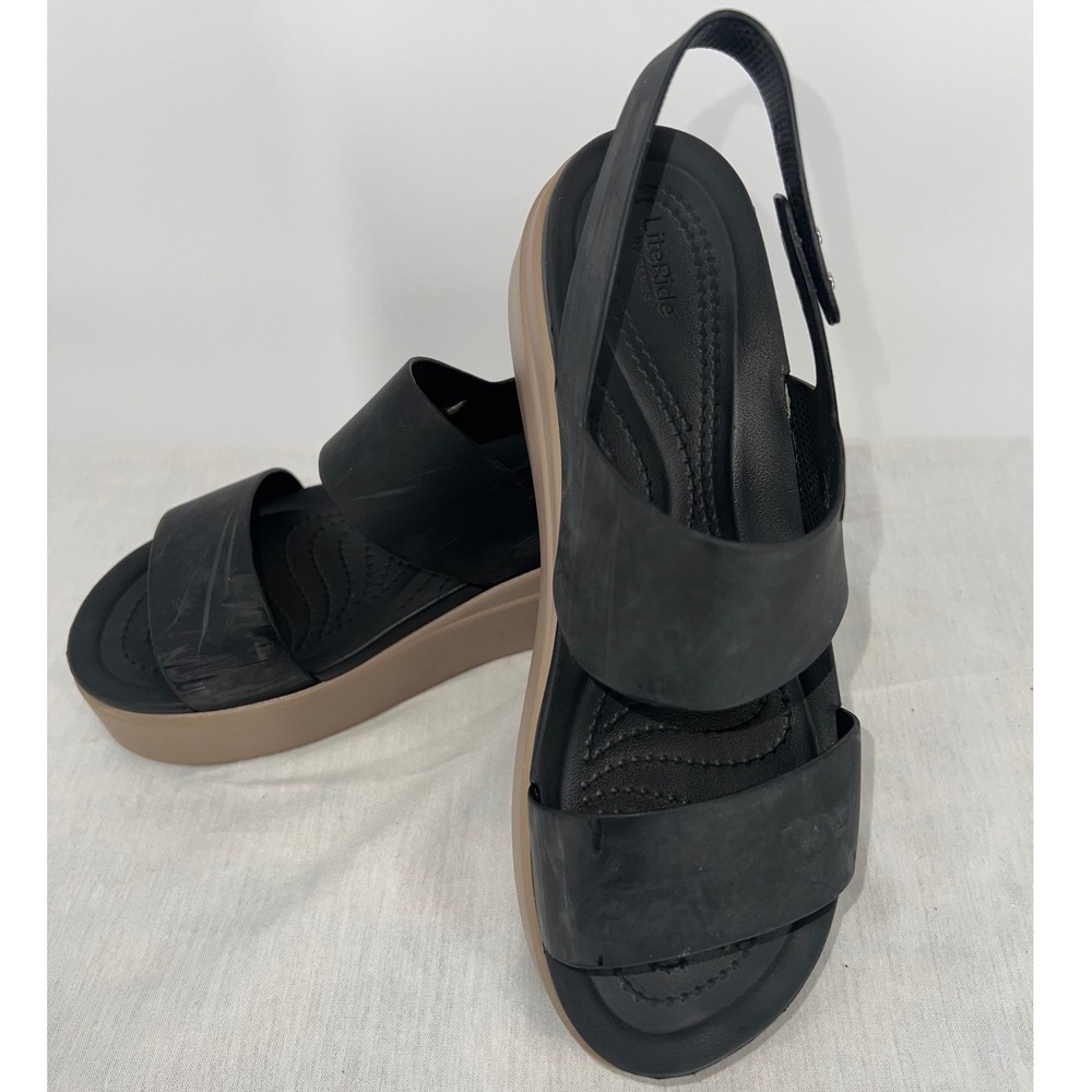 Crocs LiteRide Platform Sandals Womens‎ 8 Black Tan Slingback Two Strap 205106